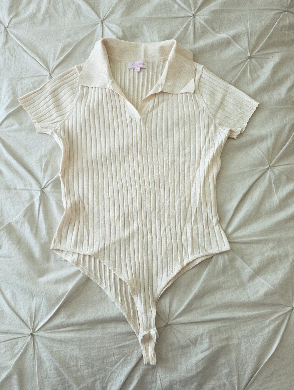 Pink Lily Cream Ribbed Knit Collared Bodysuit Short Sleeve